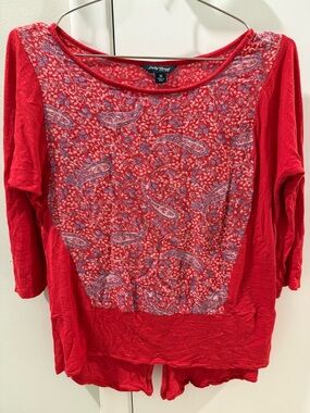 Lucky Brand Red Paisley Panel Long Sleeve Top